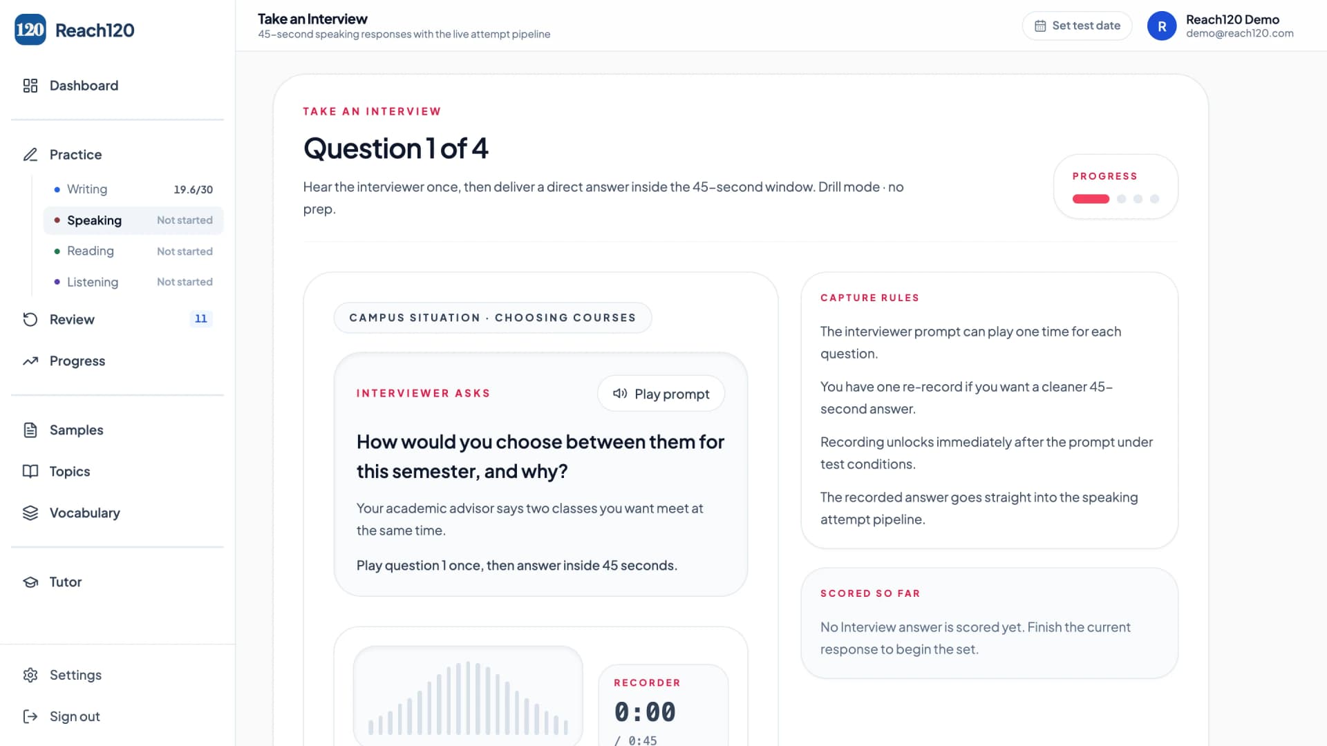 Reach120 Speaking practice: an interview prompt with its recorder armed for the 45-second response window.