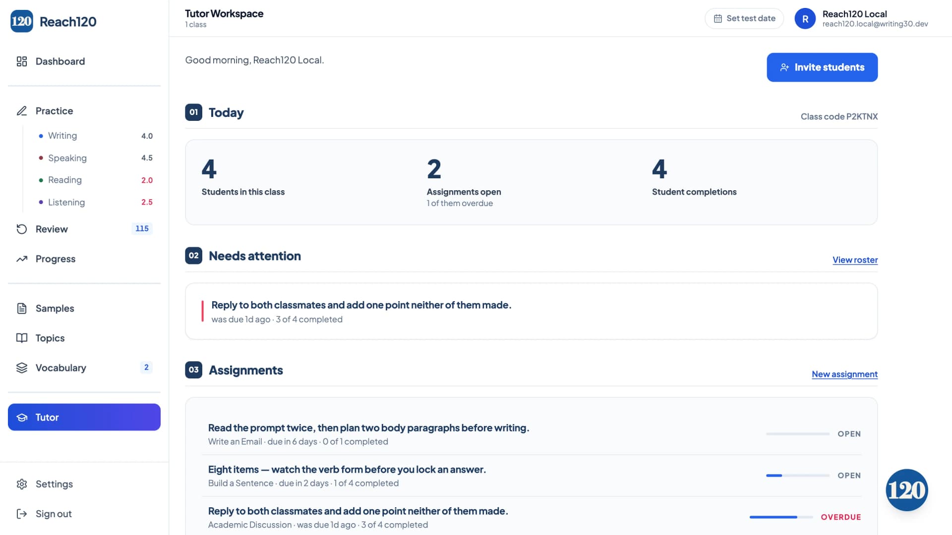 The Reach120 Educator Workspace: today's class code, how many students are in the class, how many assignments are open and how many have been completed, the work that needs attention, and the published assignments with their due dates and progress.
