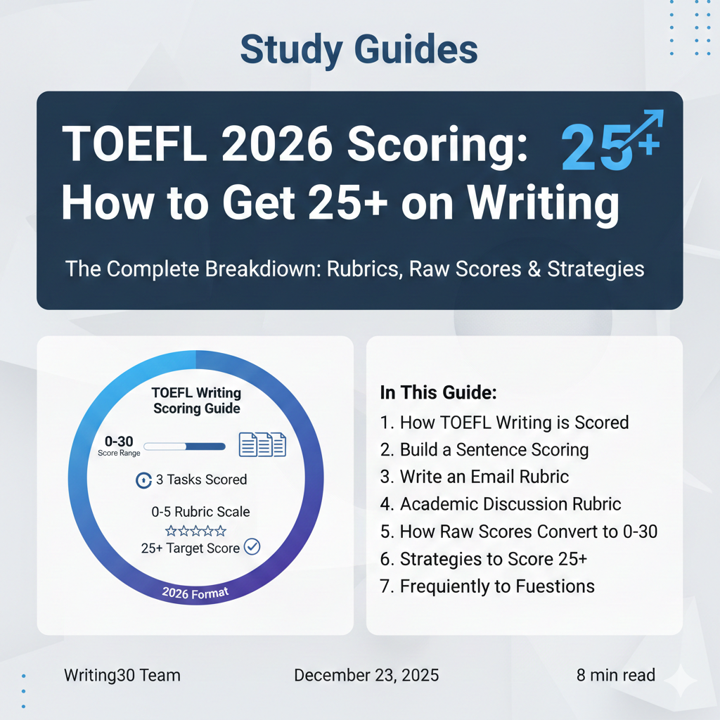 TOEFL 2026 Scoring Guide Infographic: Shows the prior 0-30 score range (current reports use a 1.0-6.0 band), 3 tasks scored, 0-5 rubric scale, and the 25+ prior-scale target. Includes guide outline covering how TOEFL writing is scored, Build a Sentence scoring, Write an Email rubric, Academic Discussion rubric, raw score conversion, strategies to score 25+, and FAQs.