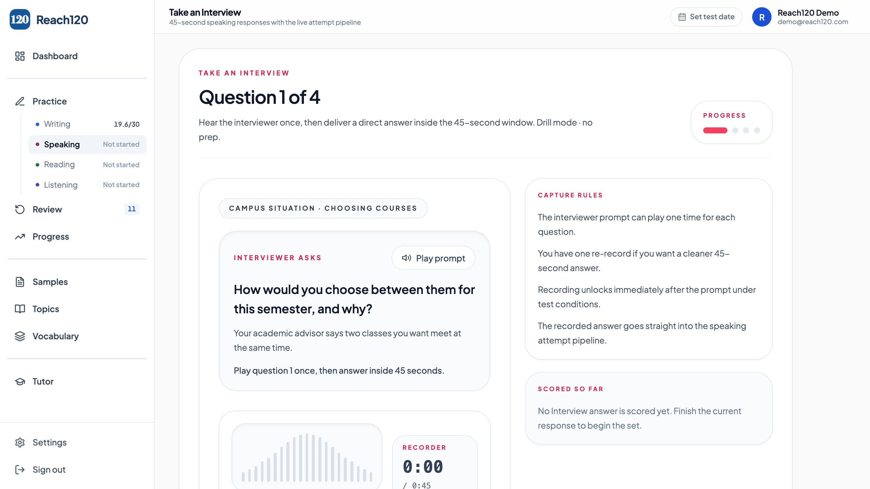 Reach120 Speaking practice: an interview prompt with its recorder armed for the 45-second response window.
